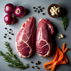Overhead shot of raw meat with onions and seasonings