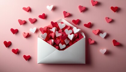 White envelope overflowing with scattered red, pink, and white paper hearts on a soft pink background conveying love and affection
