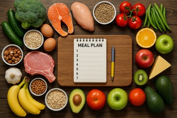 Healthy meal plan concept with assorted fresh foods, fruits, vegetables, proteins, grains and a blank weekly planner on a wooden background. Ai generative
