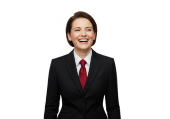 Smiling businesswoman in suit with red tie stock photo, professional headshot, corporate portrait, isolated on transparent background