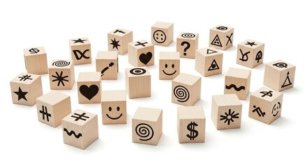 Wooden Blocks with Various Symbols and Icons for Educational Playtime Fun