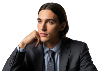 Pensive businessman portrait with hand on face looking away, professional headshot in suit, isolated on transparent background