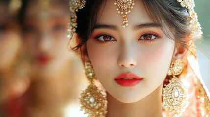 close-up portrait of a woman with intricate gold jewelry, soft makeup, and glowing skin, exuding elegance and calm beauty