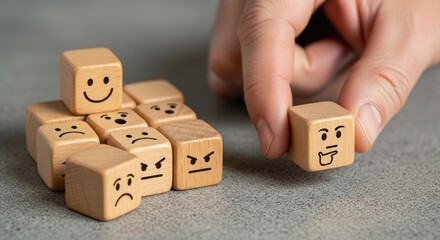 Wooden cubes with different emotions representing mood and social intelligence concept
