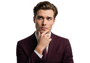 Pensive businessman in burgundy suit thinking deeply portrait image for professional use stock photo isolated on transparent background