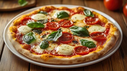Freshly baked pizza topped with melted cheese, pepperoni slices, and fresh basil leaves on a white plate on wooden table