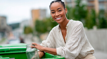 Young woman smiling while placing a glass jar into a green recycling bin on a sunny urban street.