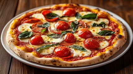 Freshly baked pizza topped with cherry tomatoes, fresh basil leaves, melted mozzarella cheese, and tomato sauce served on a white plate on wooden table