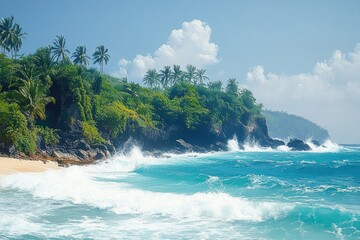 Turquoise ocean waves crashing against rocky shoreline covered with lush green tropical vegetation and palm trees under a bright blue sky with white fluffy clouds
