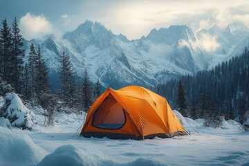 Bright orange camping tent pitched on snowy ground surrounded by pine trees with towering snow-covered mountains under a cloudy sky in the background