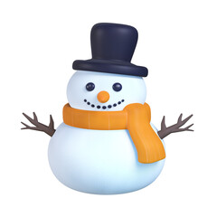 A 3D stylized snowman wearing a black top hat and an orange scarf.