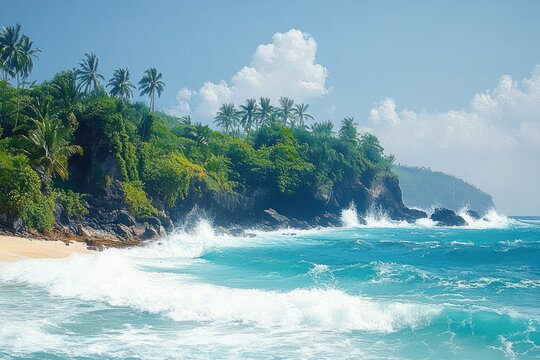 Turquoise ocean waves crashing against rocky shoreline covered with lush green tropical vegetation and palm trees under a bright blue sky with white fluffy clouds - Powered by Adobe
