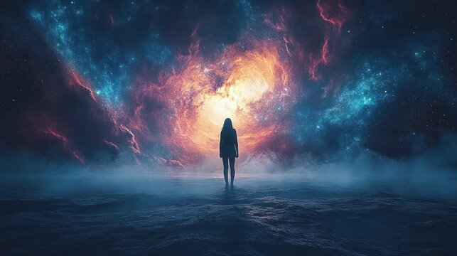 Silhouette of a person standing on a rocky surface facing a vibrant glowing cosmic nebula surrounded by stars and mist, evoking wonder and awe