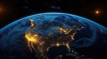 View of Earth from space showing North America illuminated with city lights under a dark starry sky with the sun rising on the horizon