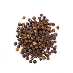 Black peppercorns on white background	