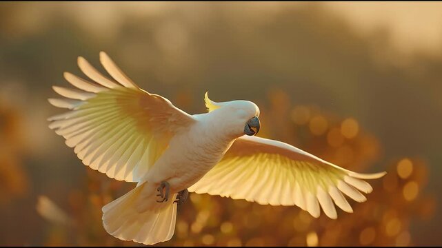 White cockatoo in graceful flight at golden hour with wings spread and warm sunlight illuminating feathers
