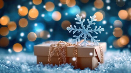 Close-up of a glittery gold gift box wrapped with sparkling ribbon and topped with a detailed artificial snowflake surrounded by snow with blurred warm and cool lights in the background