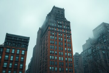 Tall brick and stone buildings rising into foggy sky in an urban cityscape with a moody and atmospheric feel