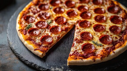 Close-up view of a freshly baked pepperoni pizza with melted cheese and herbs on a round stone serving board