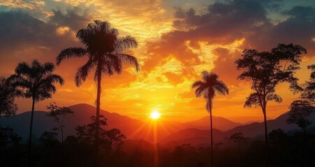 Vibrant orange and yellow sunset over distant mountains with silhouetted tall palm trees and scattered clouds creating a serene tropical landscape
