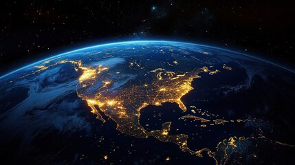 View of the Earth from space showing North America at night illuminated by city lights under a starry sky