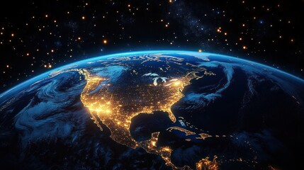 Nighttime view of North America from space showing illuminated cities and swirling cloud formations under a starry sky