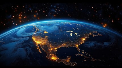 Nighttime view of North America from space with glowing city lights and a swirling weather system over the Pacific Ocean under a starry sky