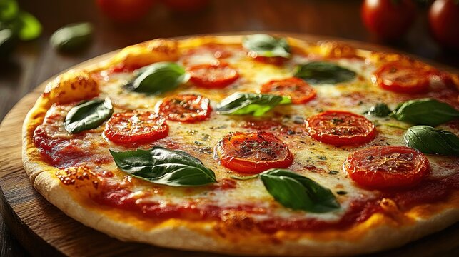 Close-up of a freshly baked pizza with tomato slices, melted cheese, tomato sauce, and fresh basil leaves on a wooden surface