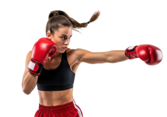 Female boxer punching with red boxing gloves in action training for fight, fitness and sport, isolated on transparent background