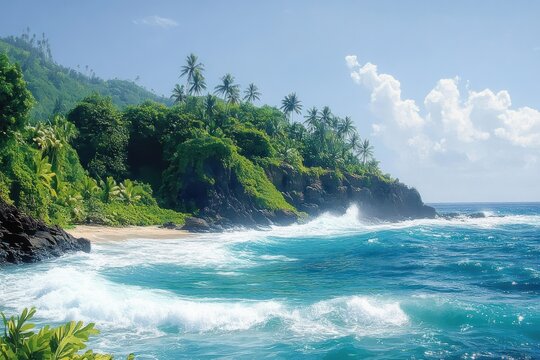 Tropical coastline with lush green vegetation, tall palm trees on rocky cliffs, clear blue sea with white crashing waves under a partly cloudy sky