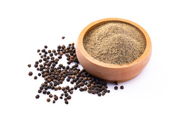 Black peppercorns and ground black pepper powder on white background	