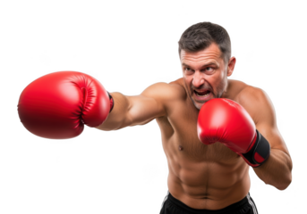 Aggressive boxer punching with red gloves, intense expression, athletic build, sportsman, fighter, boxing match, action pose, isolated on transparent background