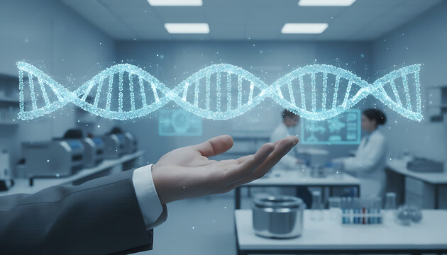 businessman holding virtual dna helix