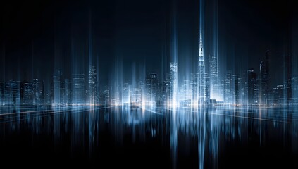 Abstract digital cityscape with glowing vertical light beams and reflections on dark water surface at night