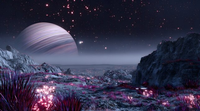 Surreal alien planetscape showcases vibrant glowing flora beneath a vast cosmic horizon