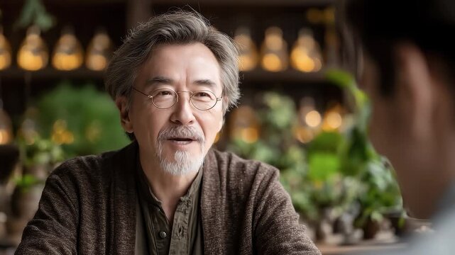 Elderly Man Smiling and Chatting Relaxedly