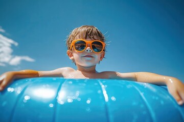 Young child wearing orange sunglasses relaxing in a blue inflatable pool tube under clear sunny sky