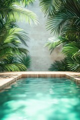 Fototapeta premium A serene swimming pool surrounded by lush green palm leaves with soft natural light creating a peaceful and tropical atmosphere