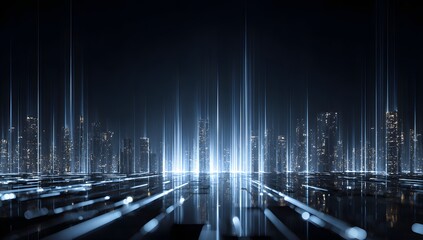 Futuristic cityscape with glowing blue light streams emanating from a central point creating an abstract digital data flow