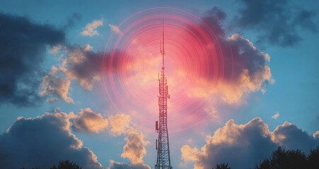 Tall communication tower with multiple antennas emitting red circular waves against a dramatic sky with clouds at sunset