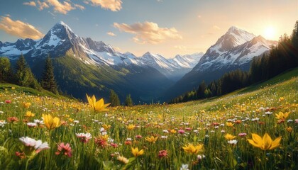 Sunlit alpine meadow filled with colorful wildflowers and lush green grass framed by towering snow-capped mountains under a partly cloudy sky at sunset