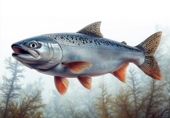 Detailed illustration of a silver fish with orange fins swimming above underwater plants in a misty aquatic environment