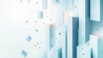 Abstract digital background with floating translucent rectangular prisms and scattered numbers in soft blue and white hues evoking a futuristic and analytical atmosphere