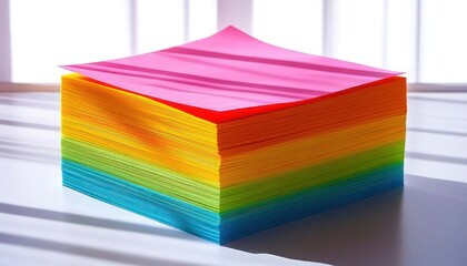 Thick stack of colorful paper sheets with layers in pink, red, orange, yellow, green, and blue under soft natural light with shadows