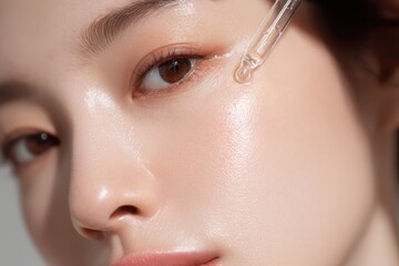 Young Korean woman applying serum on her face. Asian girl holding dropper skin care product. Anti Age essential oil with oily pipette. Advertising facial care cosmetics. Health, youth. Drop fluid