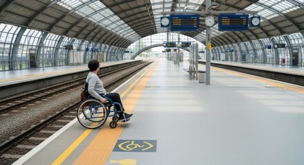 Person in wheelchair at modern train station: accessibility and independence on public transit