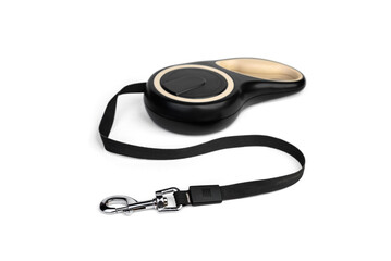 Black leash roulette for dog isolated on white background.