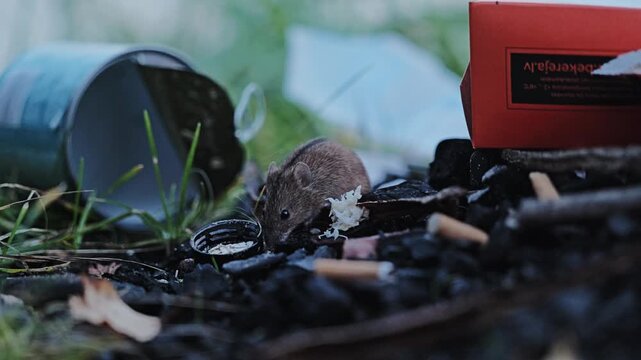 Evening shot of small mouse eating leftovers as metaphor of wasteful society
