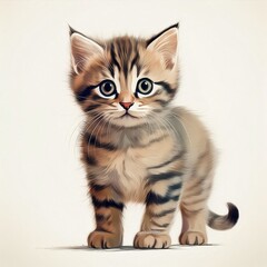 Obraz premium Striped kitten confidently exploring a soft lit indoor space, showcasing its playful nature and charm