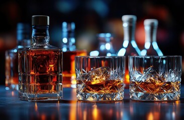 Two crystal glasses filled with amber liquid and ice cubes next to a square glass bottle of liquor on a reflective surface with blurred bottles in the background, creating a warm, inviting atmosphere